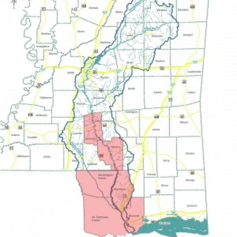 Counties and Parishes (shaded) opposed to "One Lake" Project